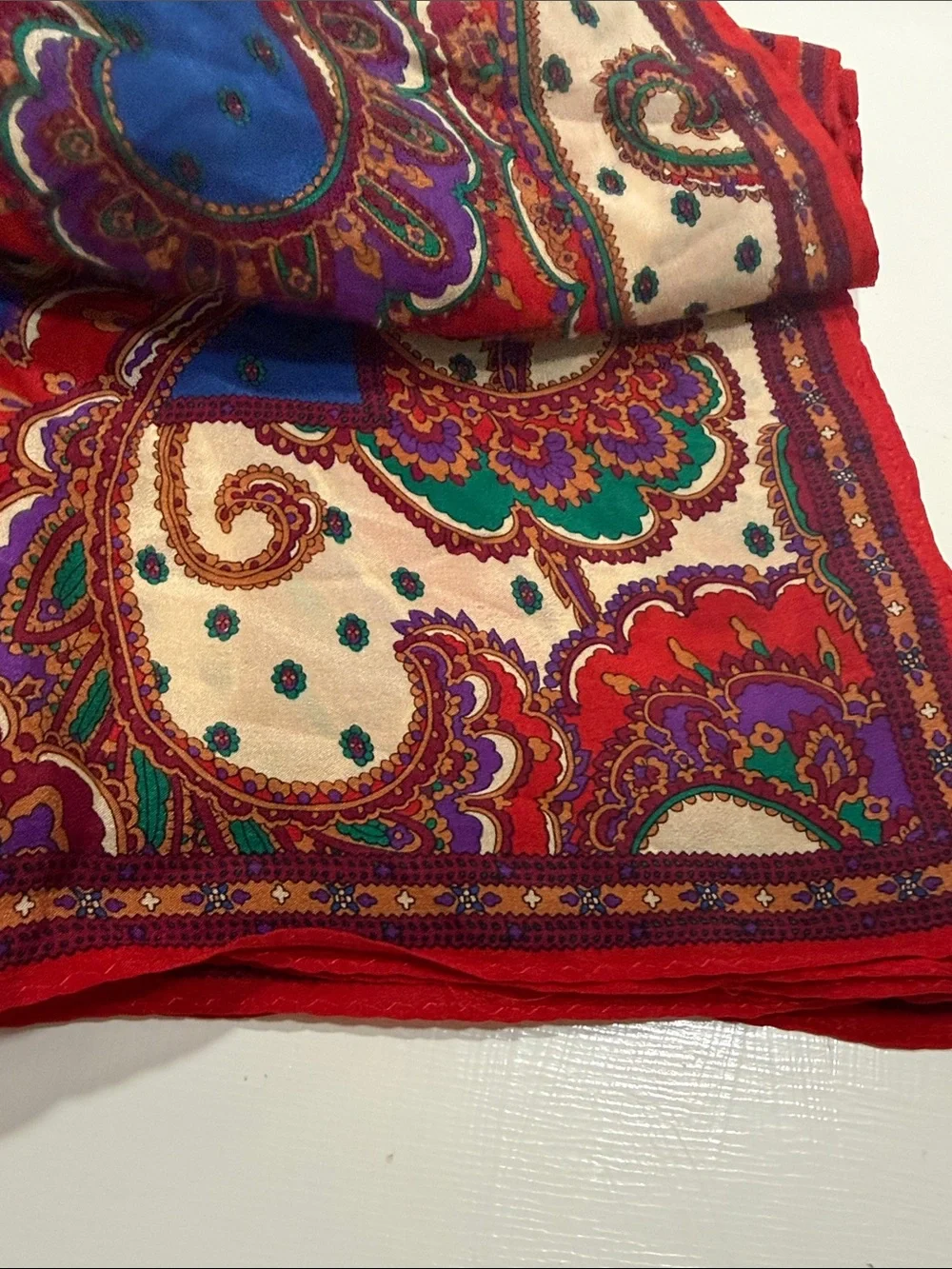 Vintage 1960’s Paisley delicate Silk Scarf in Red, Blue & Cream
